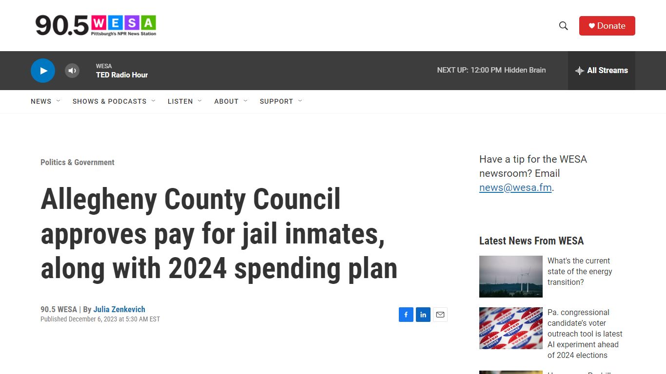 Allegheny County Council approves pay for jail inmates | 90.5 WESA